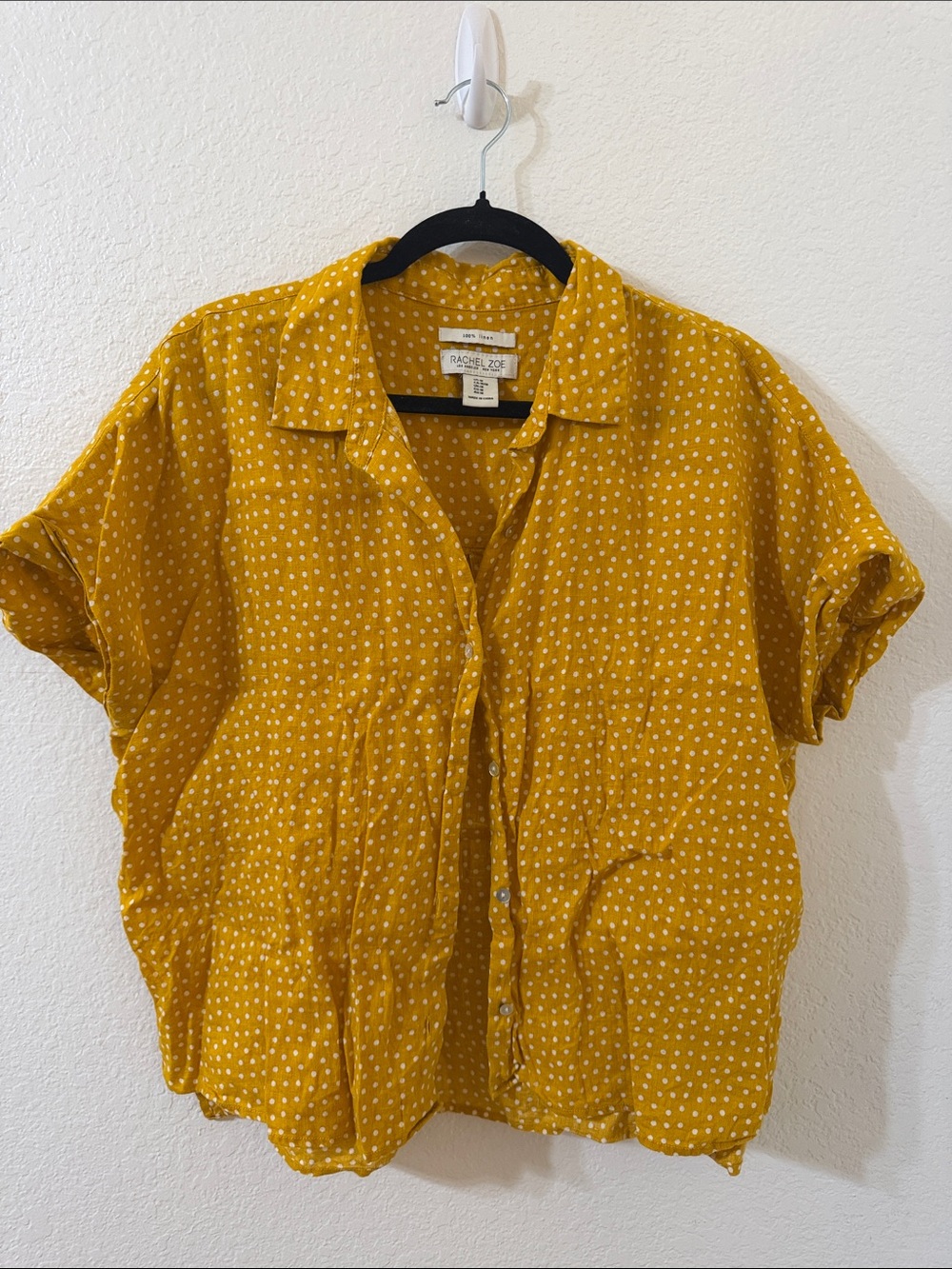 Rachel Zoe Yellow Polka Dot Short-Sleeve Button Down Shirt 100% Linen